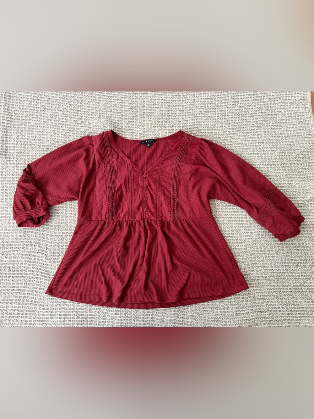 Zac & Rachel Wine Red V-Neck Button Front Peasant Top